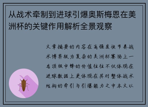 从战术牵制到进球引爆奥斯梅恩在美洲杯的关键作用解析全景观察