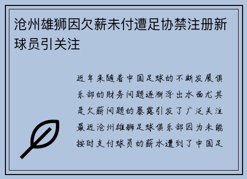 沧州雄狮因欠薪未付遭足协禁注册新球员引关注 沧州雄狮因欠薪未付遭足协禁注册新球员引关注