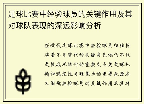 足球比赛中经验球员的关键作用及其对球队表现的深远影响分析